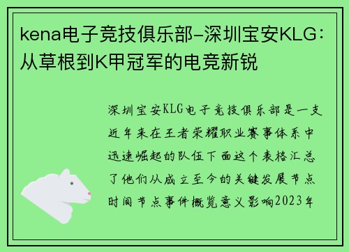 kena电子竞技俱乐部-深圳宝安KLG：从草根到K甲冠军的电竞新锐
